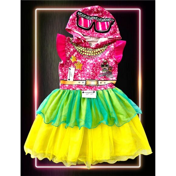 LOL Surprise Girls Hooded Dress, Size 7/8, Pink Green Yellow, Sequin - Picture 2 of 3